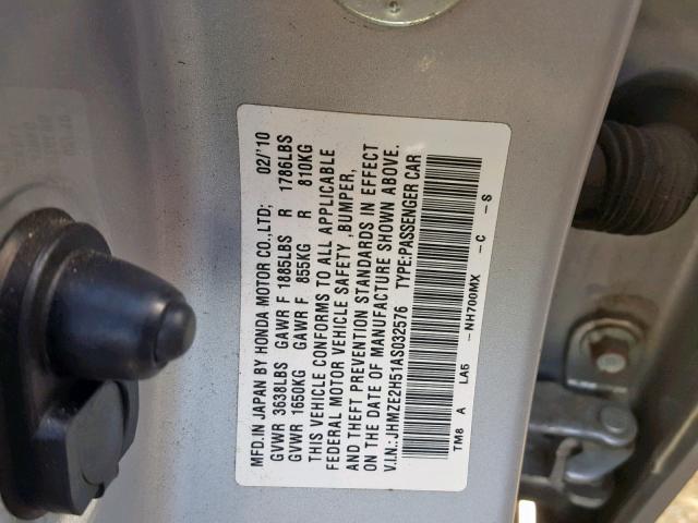 JHMZE2H51AS032576 - 2010 HONDA INSIGHT LX GRAY photo 10