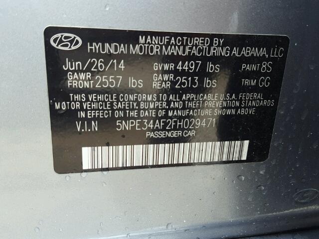 5NPE34AF2FH029471 - 2015 HYUNDAI SONATA SPO SILVER photo 10