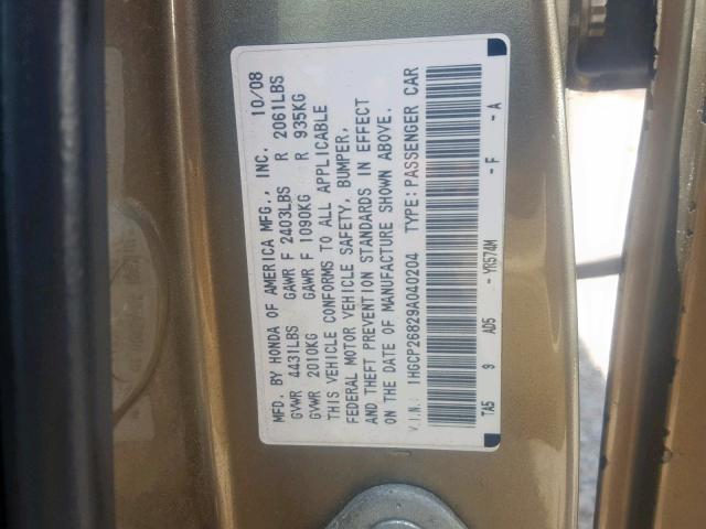 1HGCP26829A040204 - 2009 HONDA ACCORD EXL GOLD photo 10