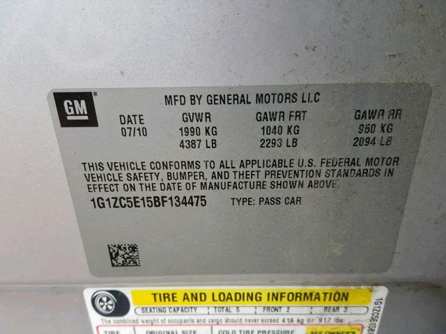 1G1ZC5E15BF134475 - 2011 CHEVROLET MALIBU 1LT SILVER photo 10