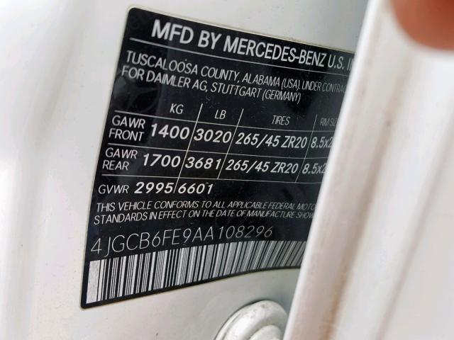 4JGCB6FE9AA108296 - 2010 MERCEDES-BENZ R 350 4MAT WHITE photo 10