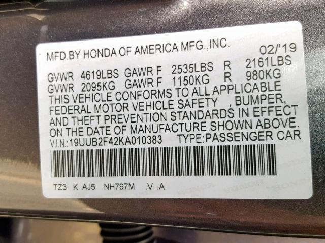 19UUB2F42KA010383 - 2019 ACURA TLX GRAY photo 10