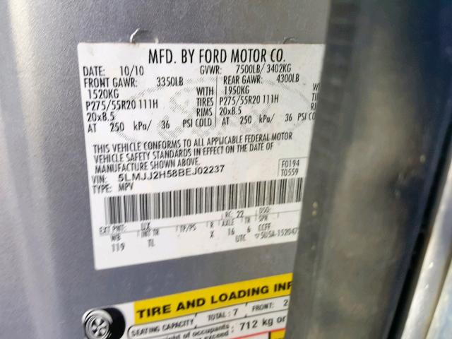 5LMJJ2H58BEJ02237 - 2011 LINCOLN NAVIGATOR 银色 照片 10