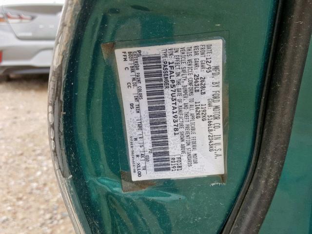 1FALP57U3TA193781 - 1996 FORD TAURUS GL GREEN photo 10