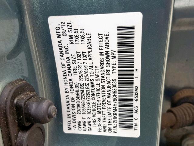 2HKRM4H76CH630035 - 2012 HONDA CR-V EXL TEAL photo 10