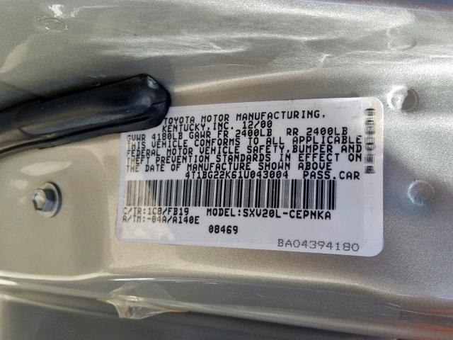 4T1BG22K61U043004 - 2001 TOYOTA CAMRY CE SILVER photo 10