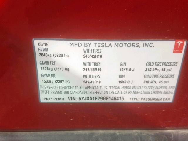 5YJSA1E29GF146415 - 2016 TESLA MODEL S Կարմիր լուսանկար 10