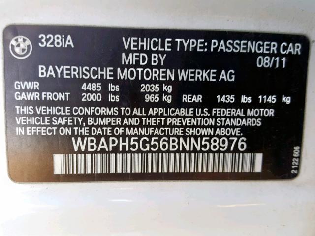 WBAPH5G56BNN58976 - 2011 BMW 328 I SULE WHITE photo 10