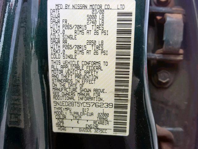 5N1ED28T5YC576239 - 2000 NISSAN XTERRA XE GREEN photo 10