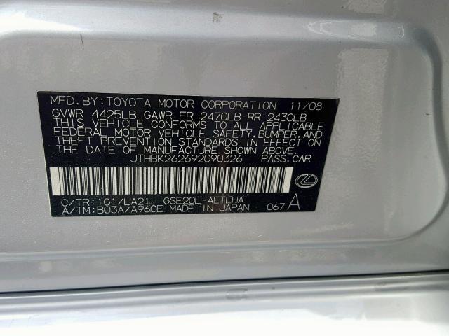 JTHBK262692090326 - 2009 LEXUS IS 250 SILVER photo 10