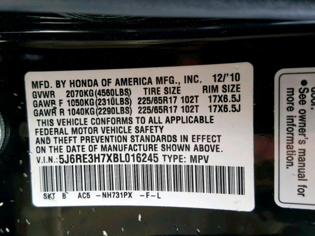 5J6RE3H7XBL016245 - 2011 HONDA CR-V EXL BLACK photo 10