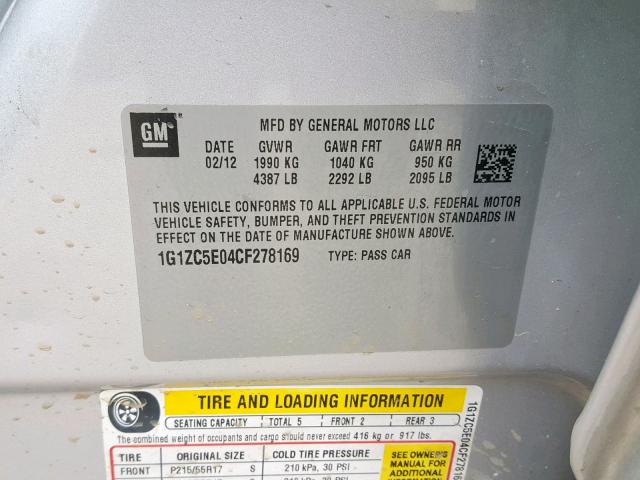 1G1ZC5E04CF278169 - 2012 CHEVROLET MALIBU 1LT SILVER photo 10