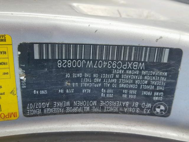 WBXPC93407WJ00828 - 2007 BMW X3 3.0SI SILVER photo 10