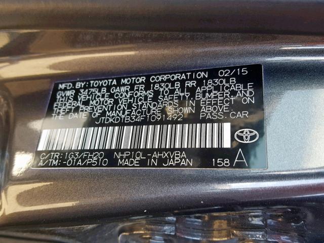 JTDKDTB34F1091492 - 2015 TOYOTA PRIUS C GRAY photo 10