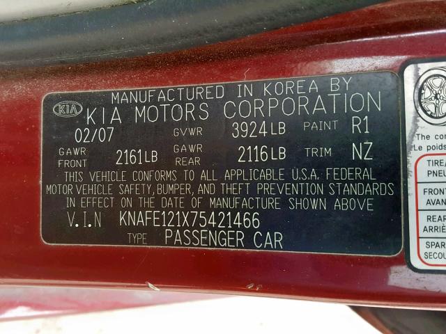 KNAFE121X75421466 - 2007 KIA SPECTRA EX MAROON photo 10