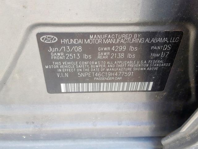 5NPET46C19H477591 - 2009 HYUNDAI SONATA GLS GRAY photo 10