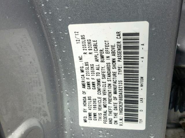 1HGCR2F86DA082135 - 2013 HONDA ACCORD EXL SILVER photo 10