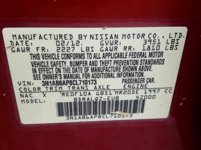 3N1AB6AP8CL710173 - 2012 NISSAN SENTRA 2.0 RED photo 10