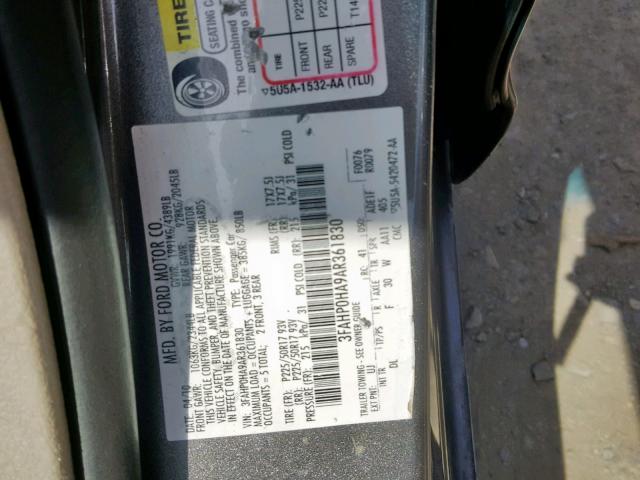 3FAHP0HA9AR361830 - 2010 FORD FUSION SE GRAY photo 10