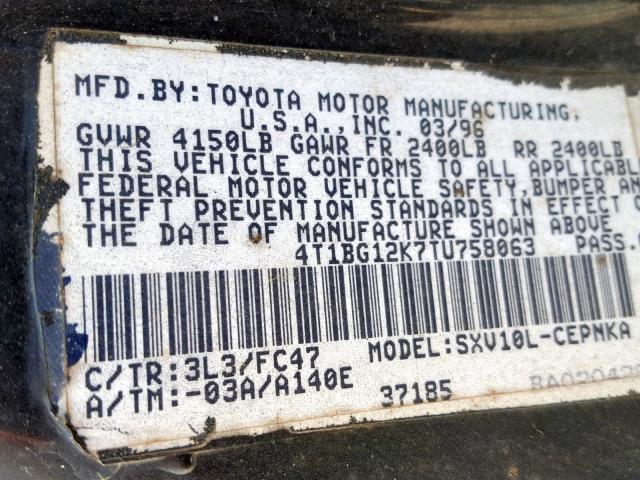 4T1BG12K7TU758063 - 1996 TOYOTA CAMRY DX BLACK photo 10