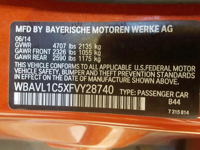 WBAVL1C5XFVY28740 - 2015 BMW X1 XDRIVE2 ORANGE photo 10