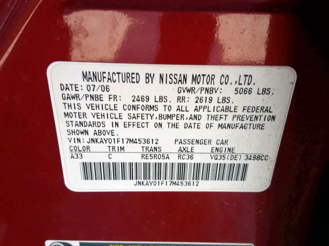 JNKAY01F17M453612 - 2007 INFINITI M35 BASE RED photo 10