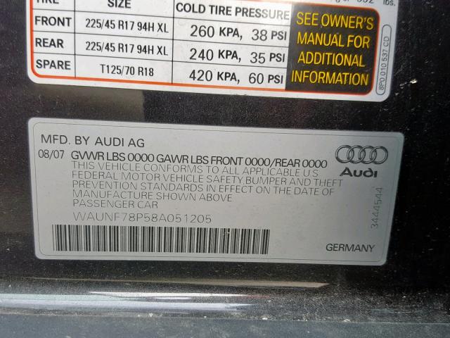 WAUNF78P58A051205 - 2008 AUDI A3 2.0 PRE GRAY photo 10