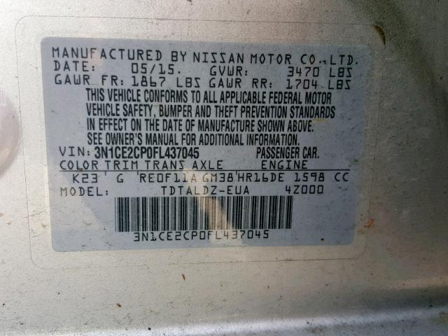 3N1CE2CP0FL437045 - 2015 NISSAN VERSA NOTE SILVER photo 10