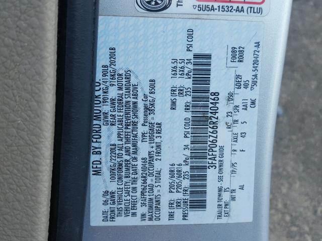 3FAFP06Z66R240468 - 2006 FORD FUSION S GRAY photo 10