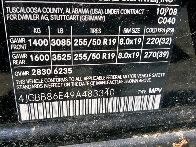 4JGBB86E49A483340 - 2009 MERCEDES-BENZ ML 350 BLACK photo 10