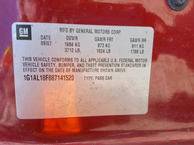 1G1AL18F887141520 - 2008 CHEVROLET COBALT LT RED photo 10