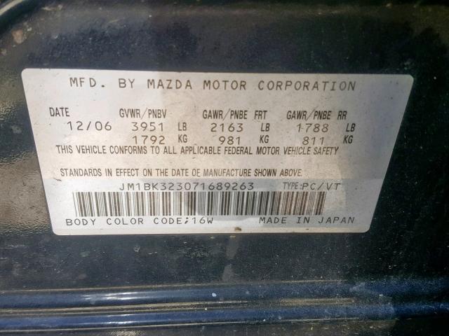 JM1BK323071689263 - 2007 MAZDA 3 S BLACK photo 10