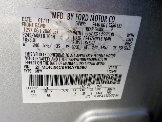 2FMDK3KC5BBA76590 - 2011 FORD EDGE LIMIT SILVER photo 10