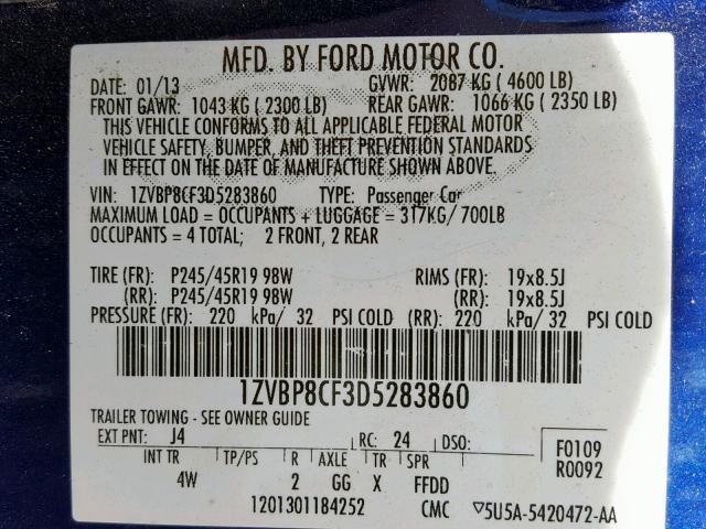 1ZVBP8CF3D5283860 - 2013 FORD MUSTANG GT BLUE photo 10