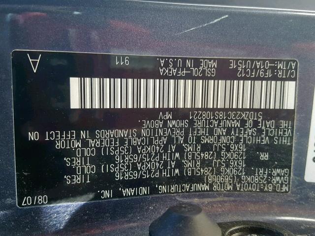 5TDZK23C18S108221 - 2008 TOYOTA SIENNA CE BLUE photo 10