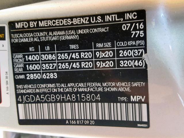 4JGDA5GB9HA815804 - 2017 MERCEDES-BENZ GLE 400 4M SILVER photo 10