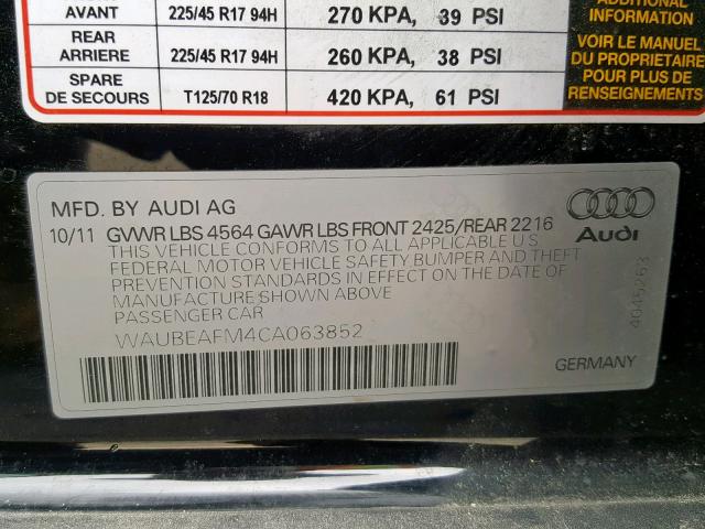 WAUBEAFM4CA063852 - 2012 AUDI A3 PREMIUM BLACK photo 10