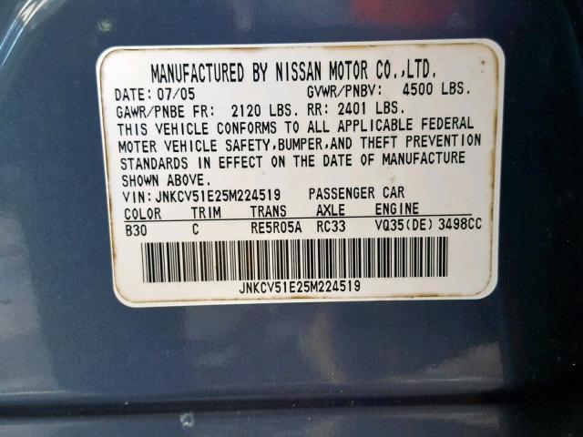 JNKCV51E25M224519 - 2005 INFINITI G35 BLUE photo 10