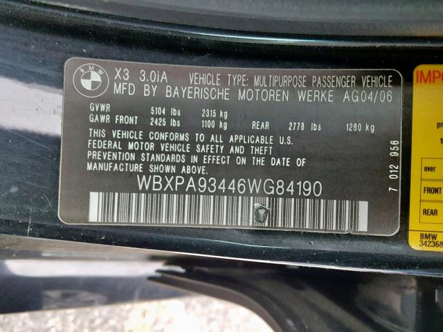 WBXPA93446WG84190 - 2006 BMW X3 3.0I BLACK photo 10