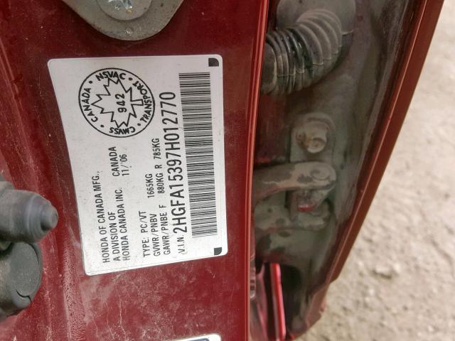 2HGFA15397H012770 - 2007 HONDA CIVIC DX RED photo 10