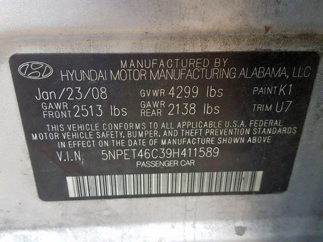 5NPET46C39H411589 - 2009 HYUNDAI SONATA GLS SILVER photo 10