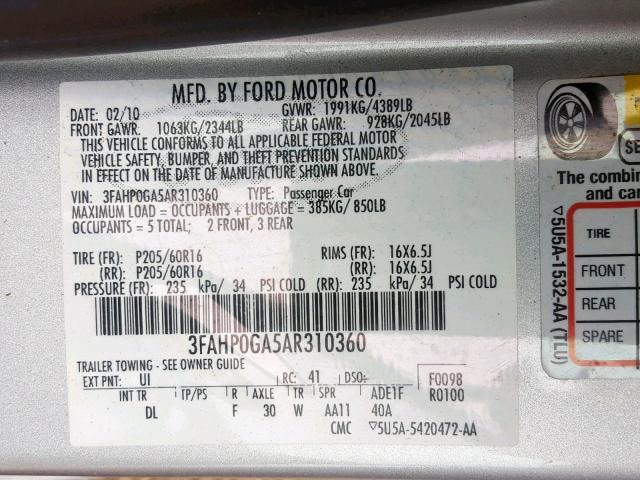 3FAHP0GA5AR310360 - 2010 FORD FUSION S SILVER photo 10