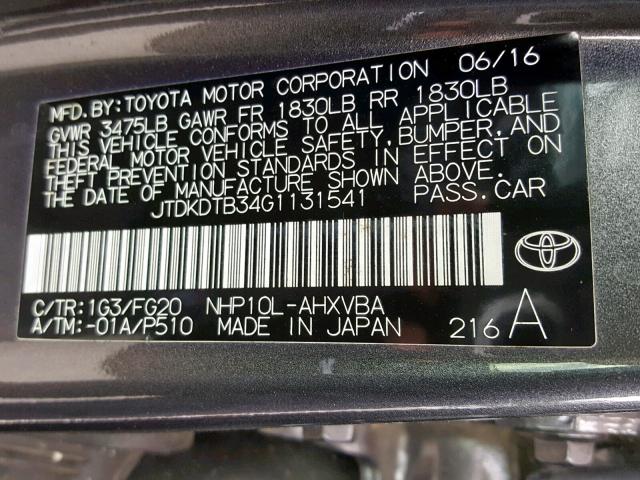 JTDKDTB34G1131541 - 2016 TOYOTA PRIUS C GRAY photo 10