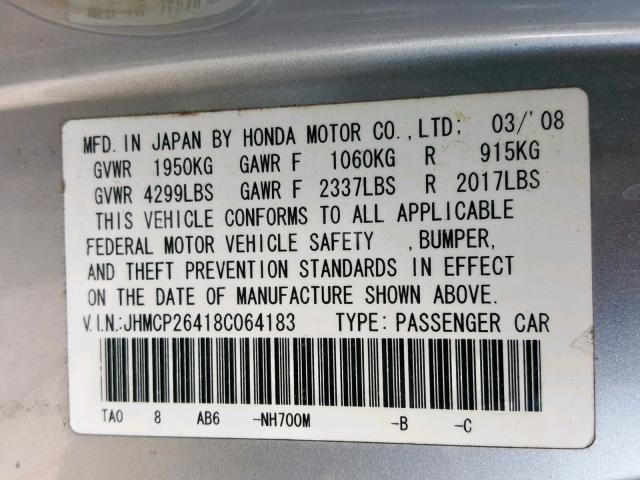 JHMCP26418C064183 - 2008 HONDA ACCORD LXP SILVER photo 10