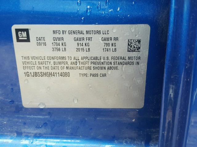 1G1JB5SH6H4114080 - 2017 CHEVROLET SONIC LS 蓝色 照片 10