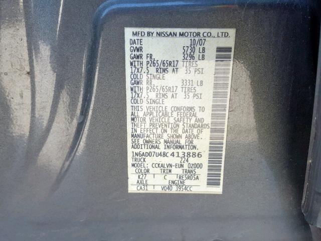 1N6AD07U48C413886 - 2008 NISSAN FRONTIER C GRAY photo 10