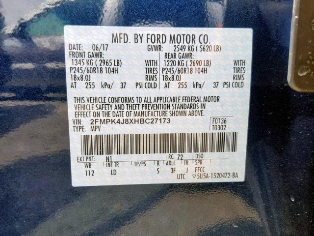 2FMPK4J8XHBC27173 - 2017 FORD EDGE SEL BLUE photo 10