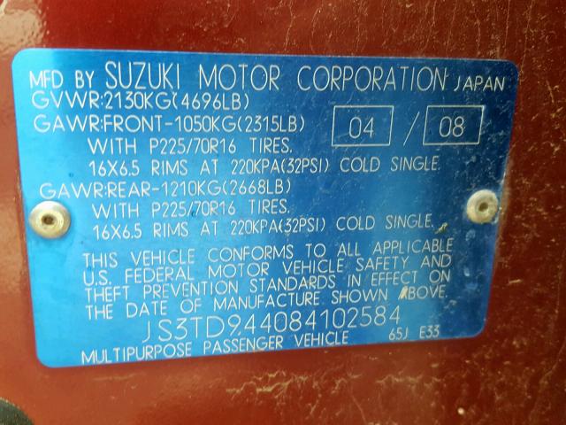 JS3TD944084102584 - 2008 SUZUKI GRAND VITA MAROON photo 10