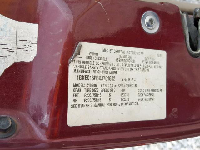 1GKEC13R3XJ701802 - 1999 GMC YUKON MAROON photo 10