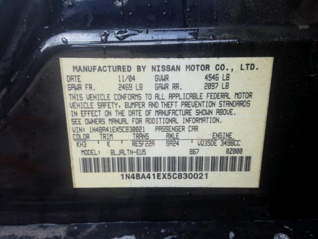 1N4BA41EX5C830021 - 2005 NISSAN MAXIMA SE BLACK photo 10